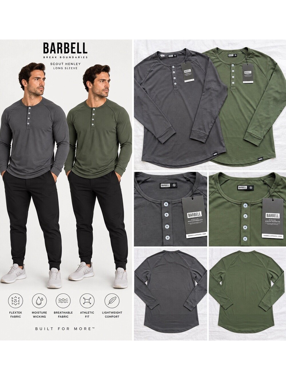 Barbell Apparel Scout Henley Long Sleeve Men’s XL Lot of 2 Rifle Gray NWT Gym